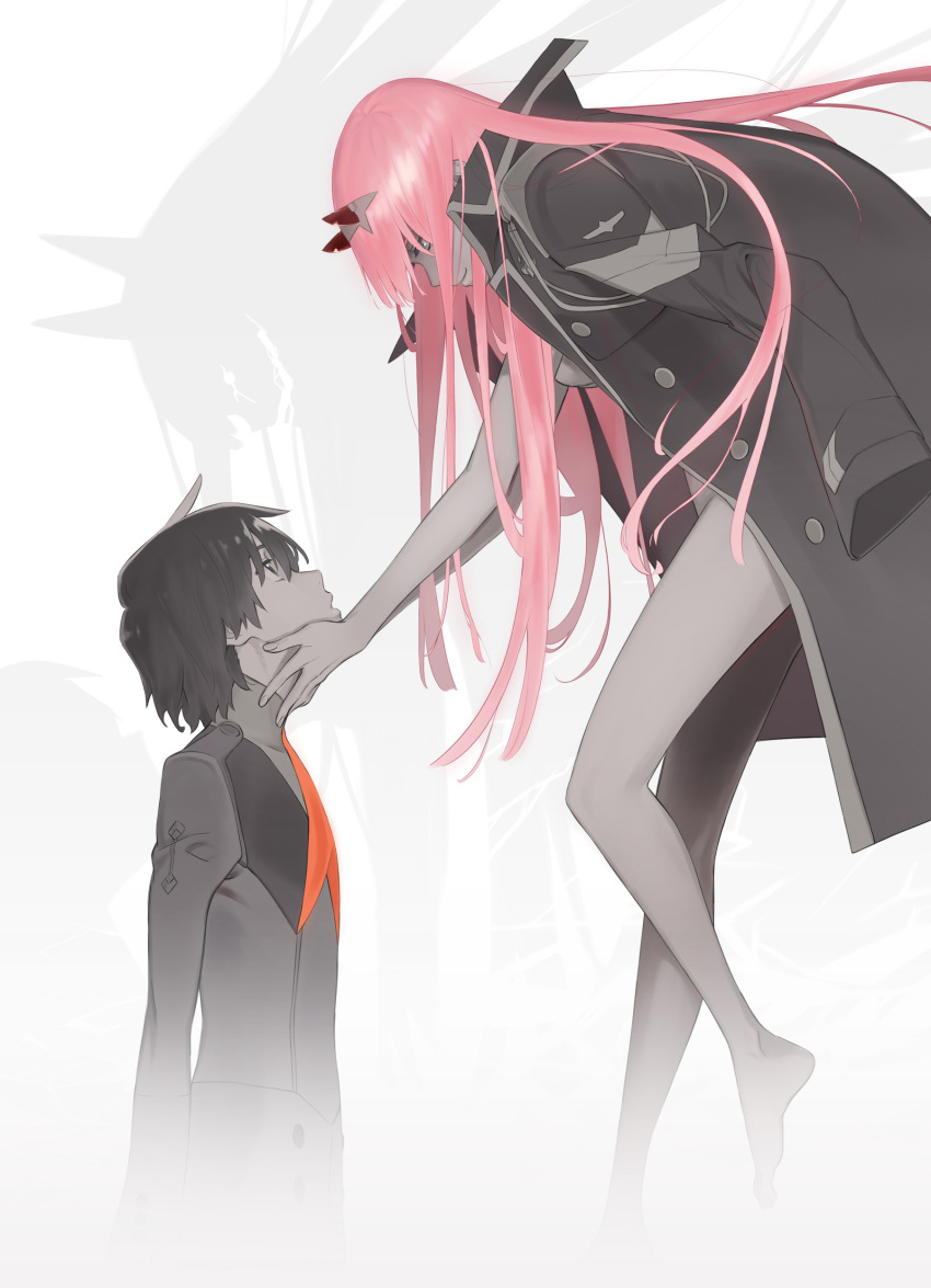 1boy 1girl absurdres barefoot black_hair code:002 code:016 darling_in_the_franxx different_shadow floating hands_on_another's_face highres horns jacket_on_shoulders key_visual light_smile long_hair looking_at_another official_art pink_hair short_hair spot_color tanaka_masayoshi