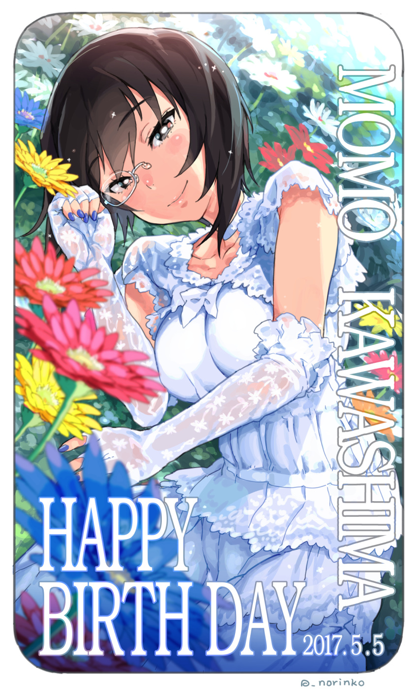 1girl bangs black_eyes black_hair blue_choker blue_dress blue_gloves blurry character_name choker closed_mouth commentary_request dated depth_of_field dress dutch_angle elbow_gloves field fingerless_gloves flower flower_field frilled_dress frills girls_und_panzer gloves happy_birthday highres holding kawashima_momo light_smile long_dress looking_at_viewer lying monocle norinco on_side rounded_corners see-through short_hair smile solo twitter_username