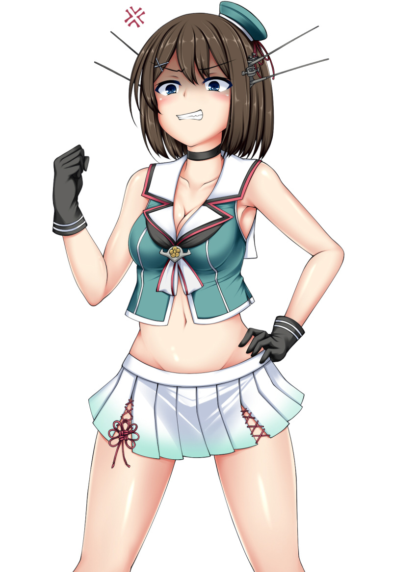 1girl anger_vein angry aqua_hat aqua_shirt beret black_gloves blue_eyes blush breasts brown_hair choker cleavage clenched_hand clenched_teeth collarbone crop_top eyebrows_visible_through_hair gloves groin hair_between_eyes hand_on_hips hat highres kantai_collection maya_(kantai_collection) medium_breasts mini_hat navel pleated_skirt sailor_collar shaded_face shirt simple_background skirt sleeveless sleeveless_shirt solo standing teeth white_background white_skirt z5987