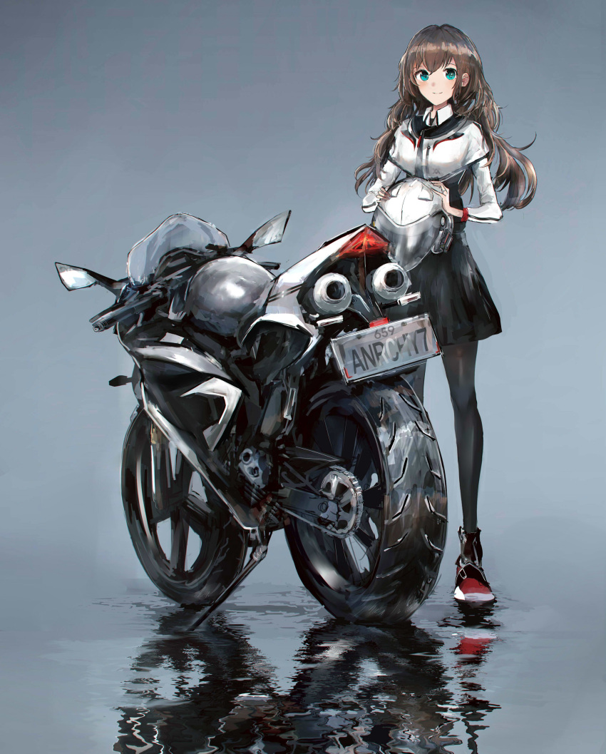 1girl absurdres aqua_eyes black_legwear black_skirt brown_hair closed_mouth full_body grey_background ground_vehicle helmet highres holding holding_helmet license_plate long_hair looking_at_viewer motor_vehicle motorcycle motorcycle_helmet pantyhose puddle red_shoes reflection shoes skirt smile sneakers solo standing swav water