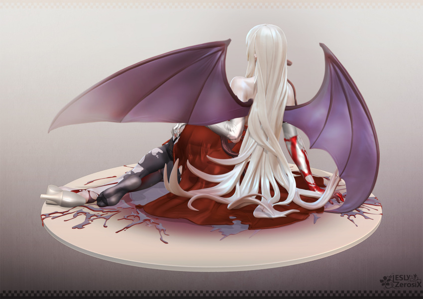 1girl 3d bare_shoulders bat_wings black_legwear blonde_hair blood bloody_clothes breasts dress elbow_gloves feet from_behind full_body gloves hair_ribbon high_heels highres kiss-shot_acerola-orion_heart-under-blade kizumonogatari large_breasts leslyzerosix lips long_hair monogatari_(series) pointy_ears red_dress ribbon shoes single_shoe soles solo strapless thigh-highs toes torn_clothes torn_thighhighs vampire very_long_hair white_gloves white_shoes wings