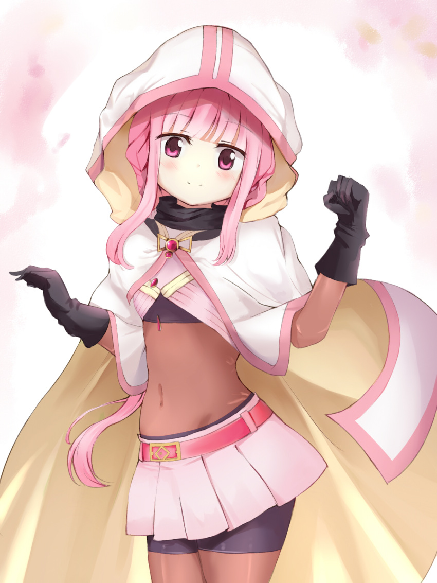 1girl bangs belt bike_shorts black_gloves blunt_bangs bodystocking cloak covered_navel eyebrows_visible_through_hair gloves highres hood hood_up hooded_cloak long_hair magia_record:_mahou_shoujo_madoka_magica_gaiden magical_girl mahou_shoujo_madoka_magica miniskirt pink_eyes pink_hair pink_skirt pleated_skirt rikopin shorts_under_skirt skirt smile solo tamaki_iroha very_long_hair