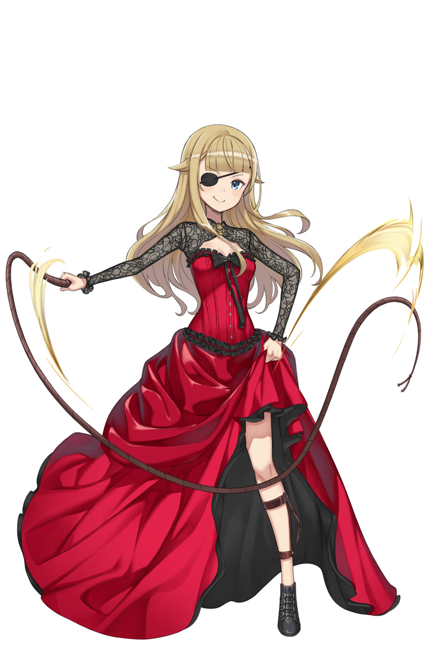 1girl ;) black_footwear blonde_hair blue_eyes breasts dress dress_lift eyepatch flower full_body highres looking_at_viewer motion_blur official_art one_eye_closed princess_(princess_principal) princess_principal princess_principal_game_of_mission red_dress small_breasts smile solo standing transparent_background whip