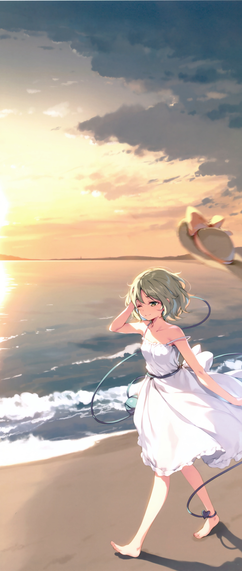 1girl ;) absurdres arm_up bare_legs barefoot beach blurry bow breasts clouds cloudy_sky cropped dress full_body green_eyes green_hair hat hat_bow hat_removed headwear_removed highres horizon ke-ta komeiji_koishi one_eye_closed outdoors scan short_hair sky small_breasts smile solo strap_slip sundress sunset third_eye touhou walking white_dress