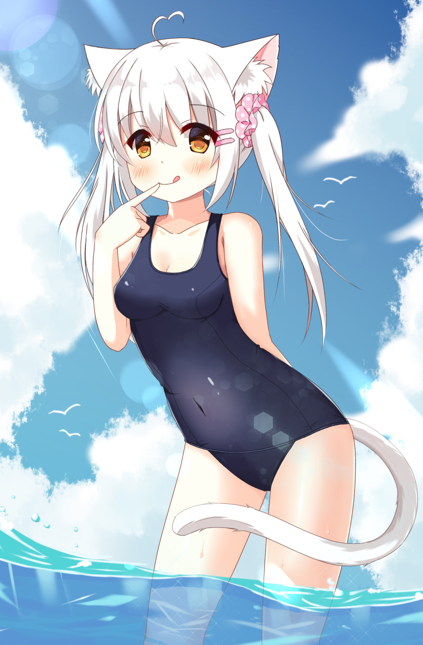 1girl :q ahoge animal_ears bangs bare_arms bare_shoulders bird blue_sky blue_swimsuit blush breasts cat_ears cat_girl cat_tail cleavage clouds collarbone commentary_request day eyebrows_visible_through_hair eyes_visible_through_hair finger_to_mouth hair_between_eyes hair_ornament hair_scrunchie hairclip heart_ahoge highres leaning_forward long_hair looking_at_viewer medium_breasts ocean old_school_swimsuit one-piece_swimsuit orange_eyes original outdoors pink_scrunchie polka_dot polka_dot_scrunchie school_swimsuit scrunchie sidelocks sky smile solo standing sunlight swimsuit tail tareme tongue tongue_out twintails wading water wet white_hair xiaosamiao