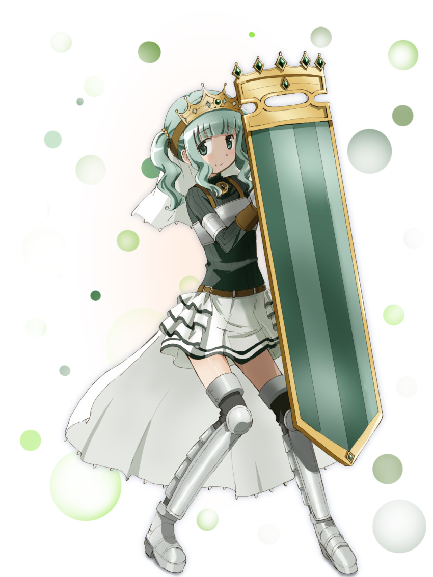 1girl armor armored_boots bangs belt blunt_bangs boots breastplate crown eyebrows_visible_through_hair full_body futaba_sana green_eyes green_hair highres kinfuji long_hair long_sleeves looking_at_viewer magia_record:_mahou_shoujo_madoka_magica_gaiden magical_girl mahou_shoujo_madoka_magica miniskirt ribbed_sweater shield skirt smile solo standing sweater two_side_up veil