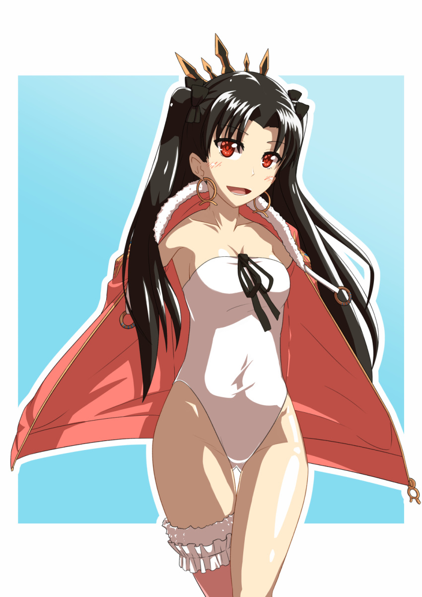 1girl black_hair black_ribbon casual_one-piece_swimsuit cowboy_shot earrings fate/grand_order fate_(series) gluteal_fold halcyon_(halcyon90) highres ishtar_(fate/grand_order) ishtar_(swimsuit_rider)_(fate) jewelry long_hair looking_at_viewer one-piece_swimsuit open_mouth pink_jacket red_eyes ribbon solo strapless strapless_swimsuit swimsuit tohsaka_rin white_swimsuit
