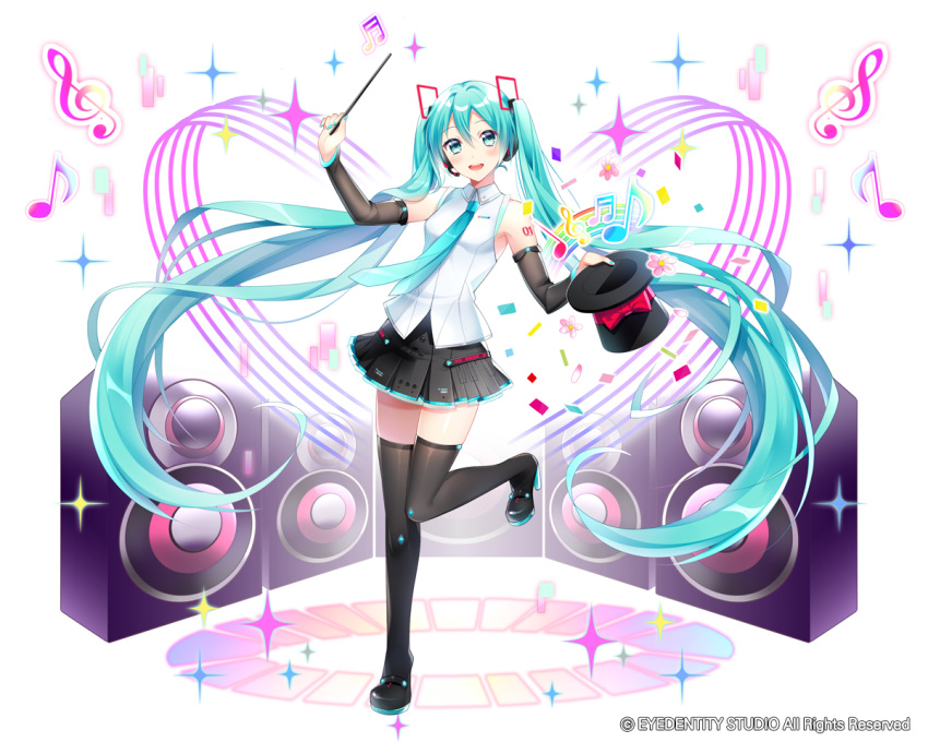 1girl :d absurdly_long_hair black_boots black_hat black_skirt blue_eyes blue_hair blue_nails blue_necktie boots detached_sleeves floating_hair full_body hair_between_eyes hair_ornament hat hatsune_miku headphones holding holding_hat kotepen_2nd long_hair looking_at_viewer microphone miniskirt musical_note nail_polish necktie number one_eye_closed open_mouth pleated_skirt shirt simple_background skirt sleeveless sleeveless_shirt smile solo standing standing_on_one_leg tattoo thigh-highs thigh_boots twintails very_long_hair vocaloid white_background white_shirt
