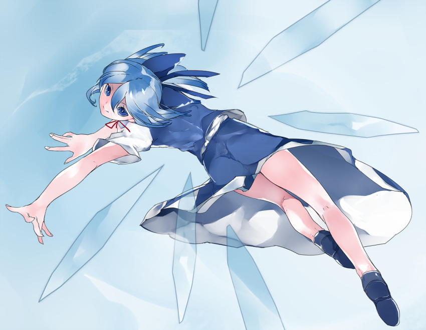 1girl action adapted_costume bangs blue_eyes blue_hair blue_shoes blue_skirt blue_sky blue_vest cirno contortion dress fingernails flexible from_below hair_ribbon ice ice_wings ikurauni kneepits looking_at_viewer looking_back looking_down outstretched_arm ribbon shiny shiny_hair shirt shoes short_hair short_sleeves skirt skirt_set sky slit_pupils smile solo thighs touhou vest white_shirt wings