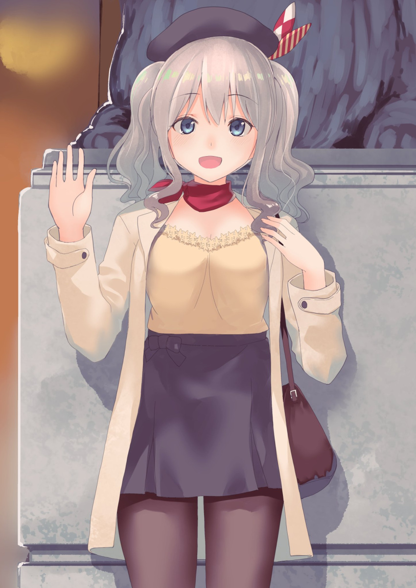 1girl :d bag beret black_legwear black_skirt blue_eyes eyebrows_visible_through_hair handbag hat highres jacket kantai_collection kashima_(kantai_collection) long_sleeves masukuza_j open_mouth pantyhose short_hair silver_hair skirt smile solo two_side_up white_jacket