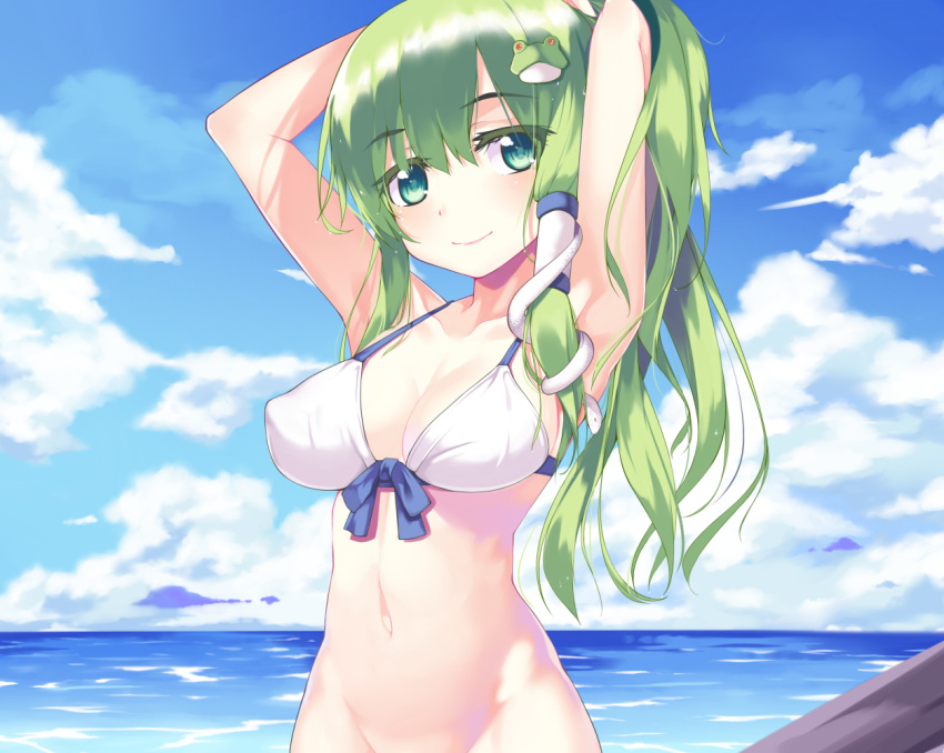 1girl aoi_(buzhuen444) aqua_eyes armpits arms_up bangs bikini blue_sky blush breasts cleavage closed_mouth clouds cloudy_sky collarbone day eyebrows_visible_through_hair frog_hair_ornament front-tie_bikini front-tie_top green_hair hair_between_eyes hair_ornament hair_tubes hips kochiya_sanae large_breasts light_smile long_hair looking_at_viewer navel ocean outdoors ponytail sidelocks sky smile snake_hair_ornament solo swimsuit touhou tying_hair upper_body white_bikini