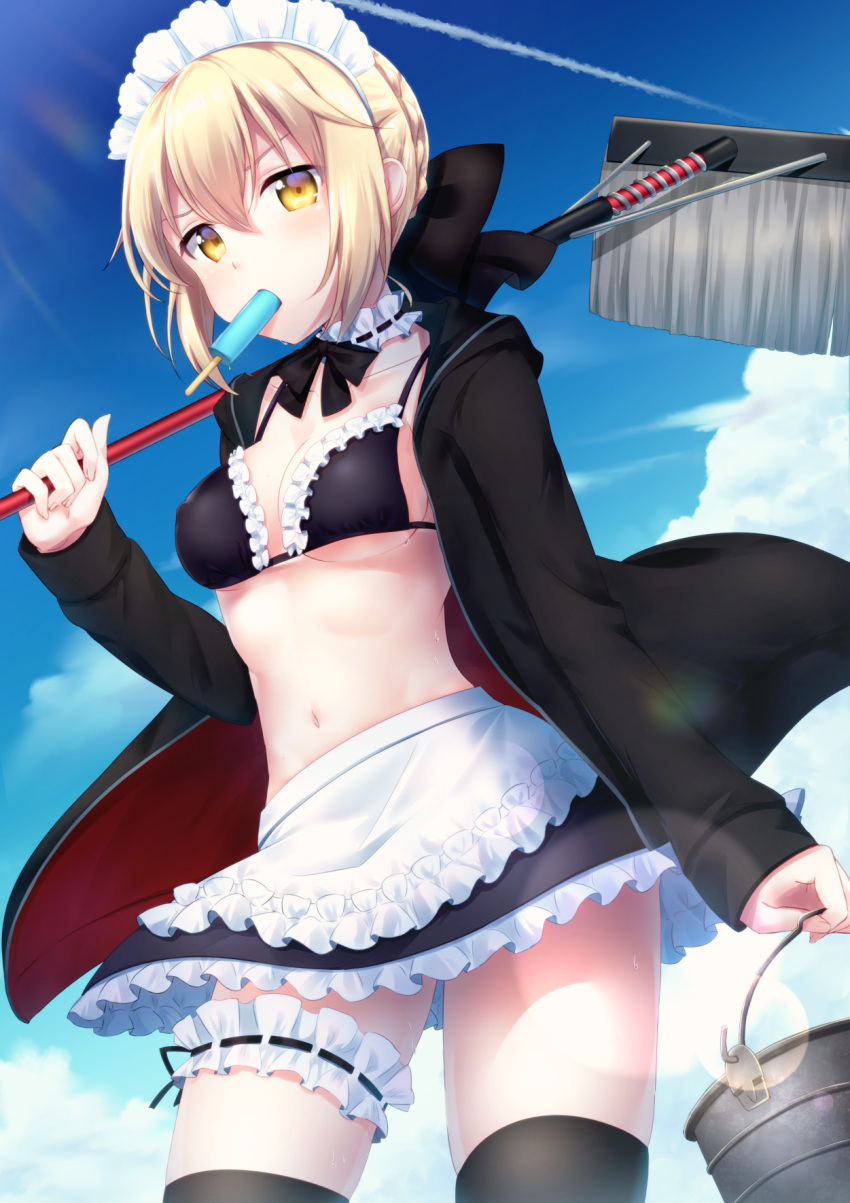 1girl apron artoria_pendragon_(all) artoria_pendragon_(swimsuit_rider_alter)_(fate) bangs black_bow black_legwear black_skirt blonde_hair blue_sky bow braid breasts bucket clouds cloudy_sky condensation_trail contrapposto cowboy_shot day fate/grand_order fate_(series) food frilled_apron frills hair_bow hand_up highres hio_(hiohio0306) holding hood hoodie leg_garter lens_flare looking_at_viewer medium_breasts mop mouth_hold navel open_clothes open_hoodie outdoors popsicle saber_alter sidelocks skirt sky solo thigh-highs thighs tsurime under_boob waist_apron yellow_eyes