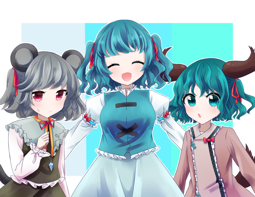 animal_ears capelet closed_eyes commentary_request dog_ears dog_tail green_eyes green_hair highres jewelry juliet_sleeves kasodani_kyouko long_sleeves mouse_ears mouse_tail nazrin pendant puffy_sleeves red_eyes skirt tail tatara_kogasa touhou twintails two_side_up vest