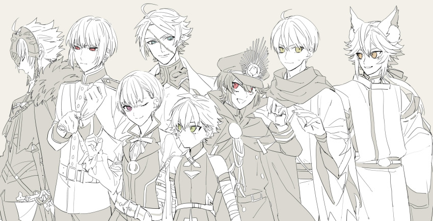6+boys adjusting_clothes adjusting_gloves ahoge animal_ears assassin_of_black closed_eyes demon_archer fate/apocrypha fate/extra fate/grand_order fate_(series) florence_nightingale_(fate/grand_order) fox_ears genderswap genderswap_(ftm) gloves green_eyes greyscale headpiece helena_blavatsky_(fate/grand_order) highres jeanne_alter koha-ace male_focus monochrome multiple_boys rider_(fate/extra) ruler_(fate/apocrypha) sakura_saber scar scarf short_hair spot_color syubare tamamo_(fate)_(all) tamamo_no_mae_(fate) violet_eyes white_gloves yellow_eyes