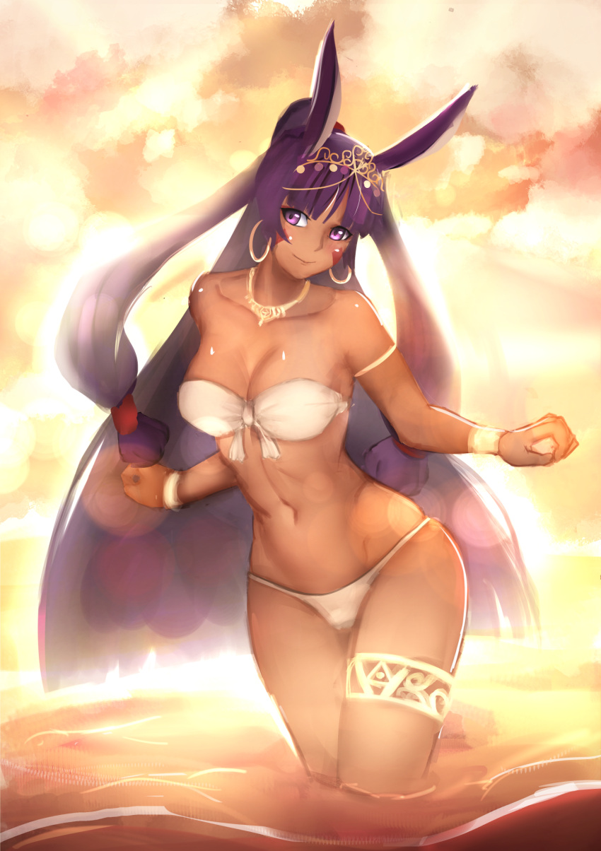 1girl armband artist_request bikini bracelet clouds dark_skin earrings facial_mark fate/grand_order fate_(series) head_tilt highres hoop_earrings jewelry leaning_forward long_hair nitocris_(swimsuit_assassin)_(fate) outdoors partially_submerged smile solo swimsuit thigh_strap tiara wading walking white_swimsuit wide_hips