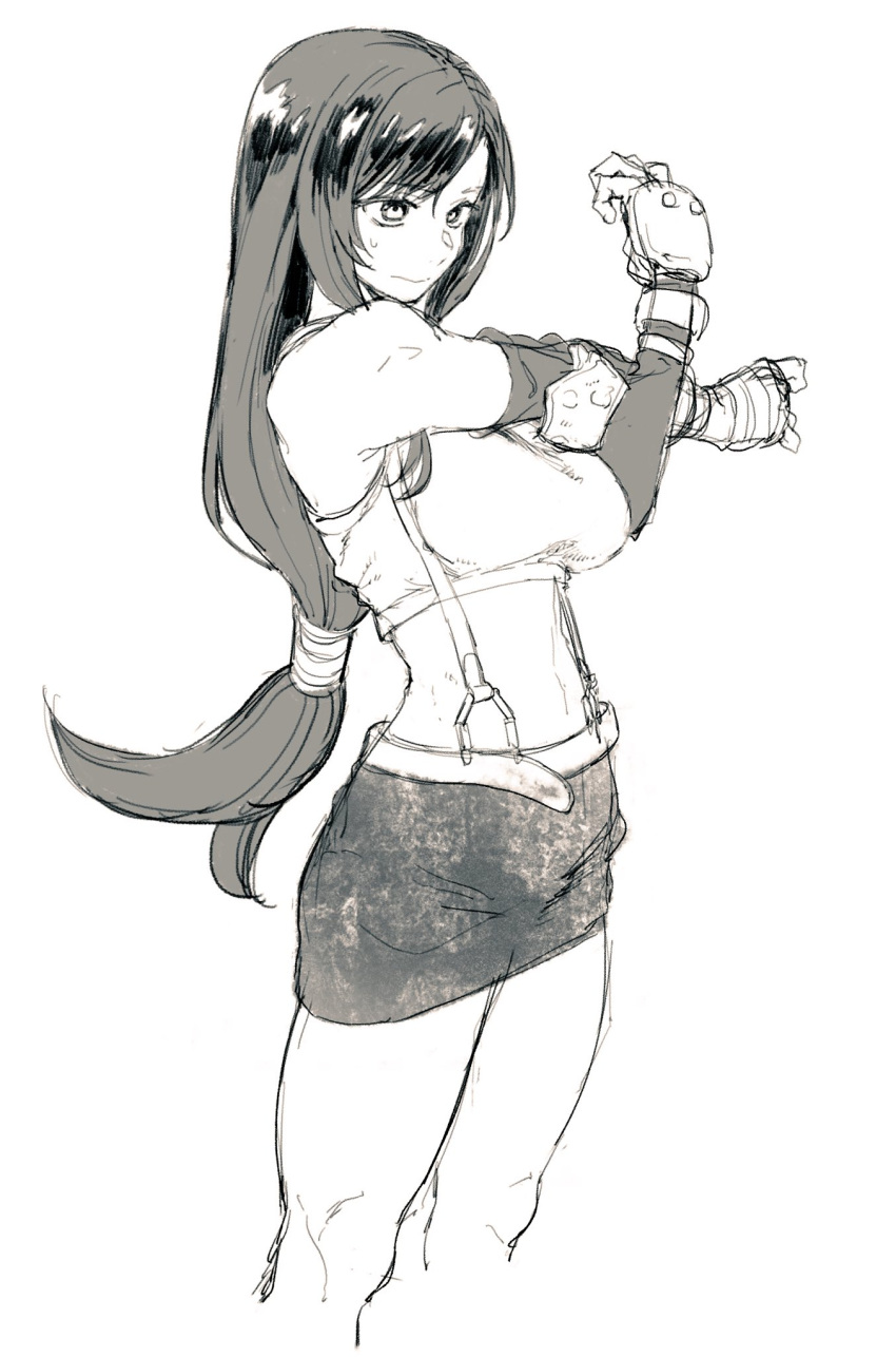 1girl belt brass_knuckles commentary_request crop_top elbow_pads final_fantasy final_fantasy_vii fingerless_gloves gloves greyscale highres kotoyama long_hair low_ponytail monochrome navel sidelocks sketch skirt solo suspenders tifa_lockhart weapon white_background