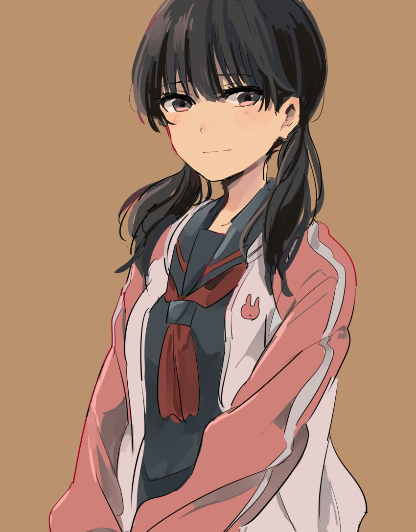 1girl bangs black_hair blush brown_background brown_eyes closed_mouth eyebrows_visible_through_hair highres jacket long_hair looking_at_viewer low_twintails monsieur neckerchief open_clothes open_jacket original red_neckerchief school_uniform serafuku simple_background solo twintails upper_body