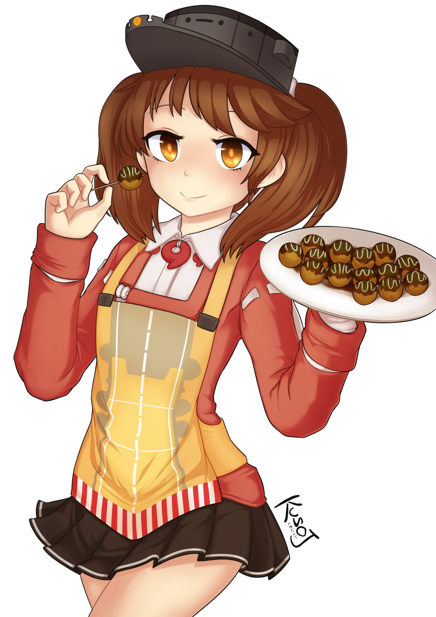 1girl absurdres apron artist_name bare_legs brown_eyes brown_hair eyebrows food highres holding holding_food holding_plate jacy japanese_clothes kantai_collection kariginu long_sleeves magatama plate pleated_skirt ryuujou_(kantai_collection) skirt smile solo takoyaki toothpick twintails visor_cap