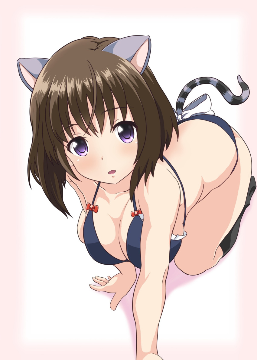 1girl :o all_fours alternative_girls animal_ears asahina_nono bikini bow breasts brown_hair cat_ears cat_tail guchiaki highres large_breasts looking_at_viewer short_hair solo swimsuit tail tail_bow violet_eyes