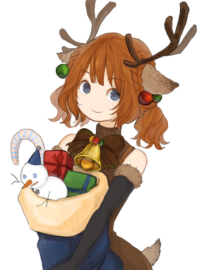 1girl animal_ears antlers bangs bare_shoulders black_gloves blue_eyes blunt_bangs brown_hair candy candy_cane closed_mouth elbow_gloves eyebrows_visible_through_hair food fur_trim gift gloves hair_ornament highres looking_at_viewer reindeer_antlers reindeer_ears reindeer_tail ribbon sack sako_(user_ndpz5754) simple_background smile snowman solo tail turtleneck twintails upper_body white_background