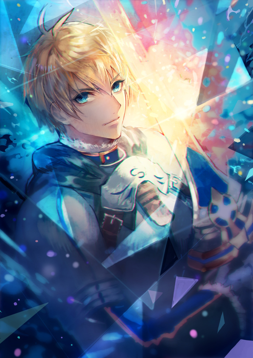 1boy ahoge armor bangs blonde_hair blue_eyes breastplate closed_mouth excalibur_(fate/prototype) fate/grand_order fate/prototype fate_(series) hair_between_eyes highres holding holding_sword holding_weapon hood hood_down looking_at_viewer male_focus saber_(fate/prototype) solo sword terai_(teraimorimori) weapon