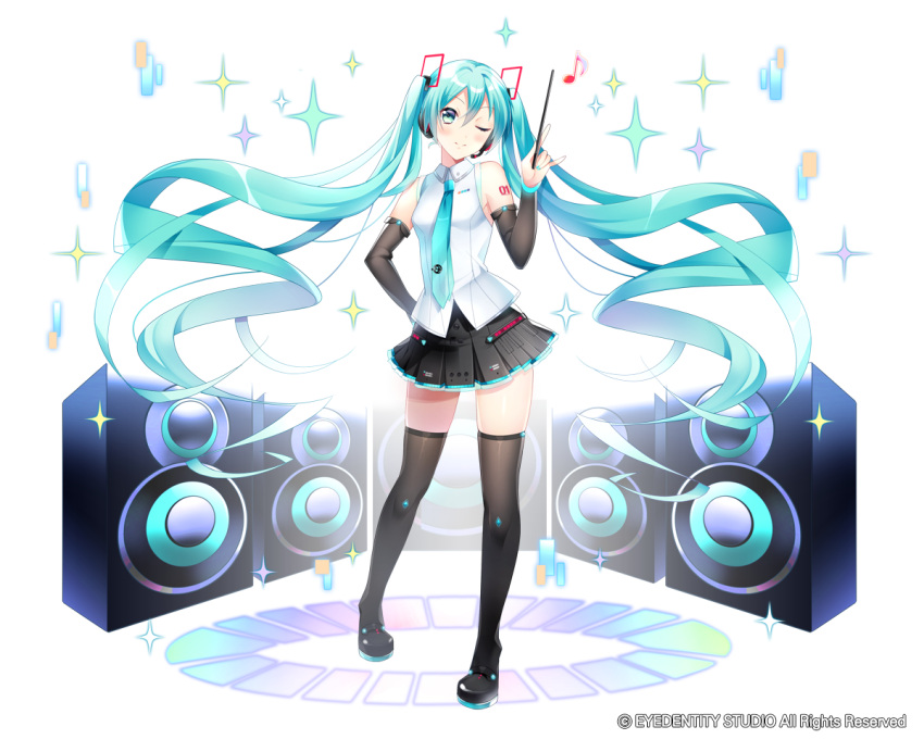 1girl ;d black_boots black_skirt blue_eyes blue_hair blue_nails blue_necktie boots detached_sleeves floating_hair full_body hair_between_eyes hatsune_miku headphones holding kotepen_2nd long_hair looking_at_viewer miniskirt nail_polish necktie one_eye_closed open_mouth pleated_skirt shirt skirt sleeveless sleeveless_shirt smile solo standing thigh-highs thigh_boots twintails very_long_hair vocaloid white_shirt zettai_ryouiki