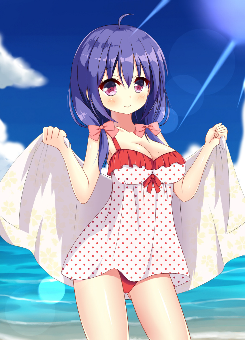 1girl ahoge bare_arms bare_shoulders blue_sky blush bow breasts casual_one-piece_swimsuit cleavage closed_mouth clouds collarbone commentary_request cowboy_shot day dress_swimsuit eyebrows_visible_through_hair fingernails floral_print frilled_swimsuit frills hair_between_eyes hair_bow hair_over_shoulder head_tilt highres holding_towel large_breasts lens_flare looking_at_viewer low_twintails mole mole_on_breast ocean one-piece_swimsuit original outdoors pink_bow polka_dot polka_dot_swimsuit print_towel purple_hair red_ribbon ribbon shiny shiny_skin sky smile solo standing swimsuit towel twintails violet_eyes white_swimsuit white_towel xiaosamiao