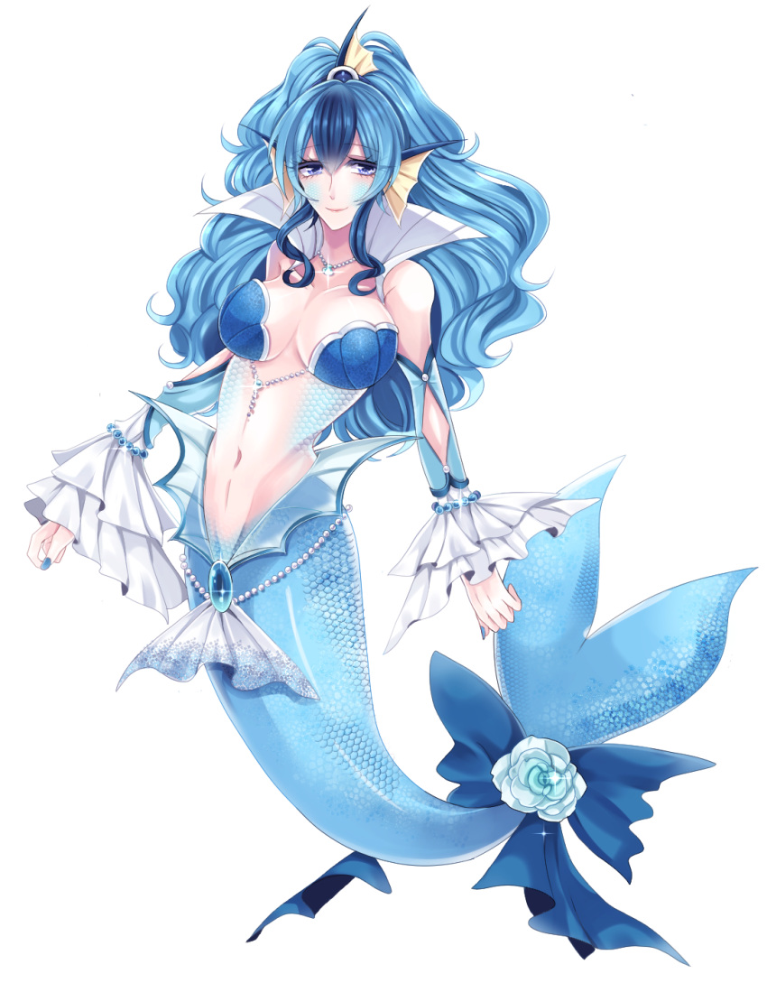 asame21 blue_eyes blue_flower blue_hair blue_nails bracelet breasts cleavage full_body glint head_fins highres jewelry large_breasts long_hair looking_at_viewer mermaid monster_girl nail_polish navel necklace personification pokemon scales smile vaporeon