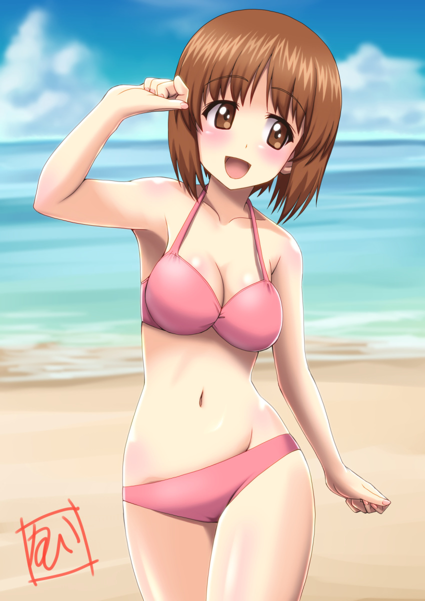 1girl beach bikini bob_cut breasts brown_eyes brown_hair cleavage clouds cowboy_shot girls_und_panzer highres horizon looking_to_the_side medium_breasts navel nishizumi_miho ocean open_mouth short_hair signature sky smile solo swimsuit t_k