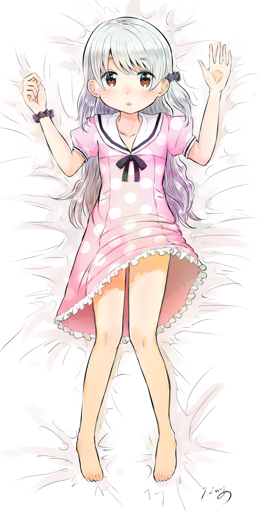 1girl :o absurdres artist_request barefoot blush brown_eyes dakimakura dress dress_lift hair_ornament hair_scrunchie highres long_hair looking_at_viewer lying mahou_shoujo_madoka_magica mahou_shoujo_madoka_magica_movie momoe_nagisa on_back pink_dress polka_dot polka_dot_dress scrunchie solo two_side_up wavy_hair white_hair