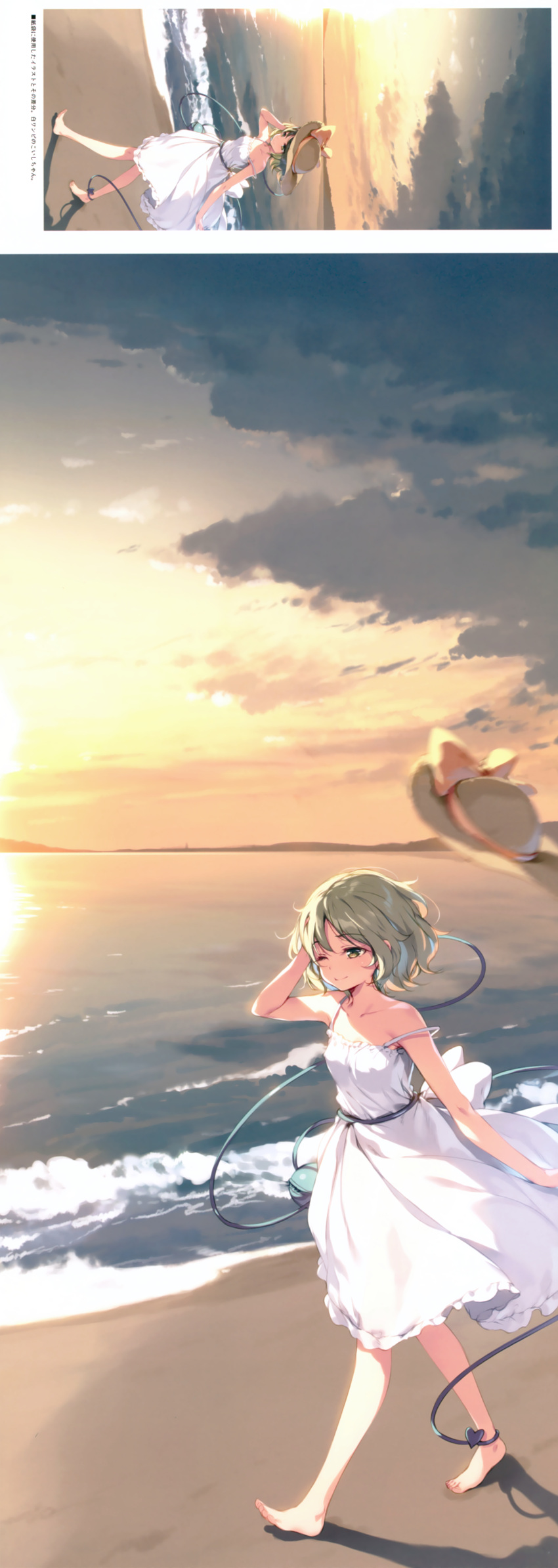 1girl absurdres barefoot beach bow clouds dress green_eyes green_hair hand_in_hair hat hat_bow hat_ribbon heart highres horizon ke-ta komeiji_koishi no_hat no_headwear ocean one_eye_closed ribbon sky smile solo sunset third_eye touhou translation_request walking waves white_dress