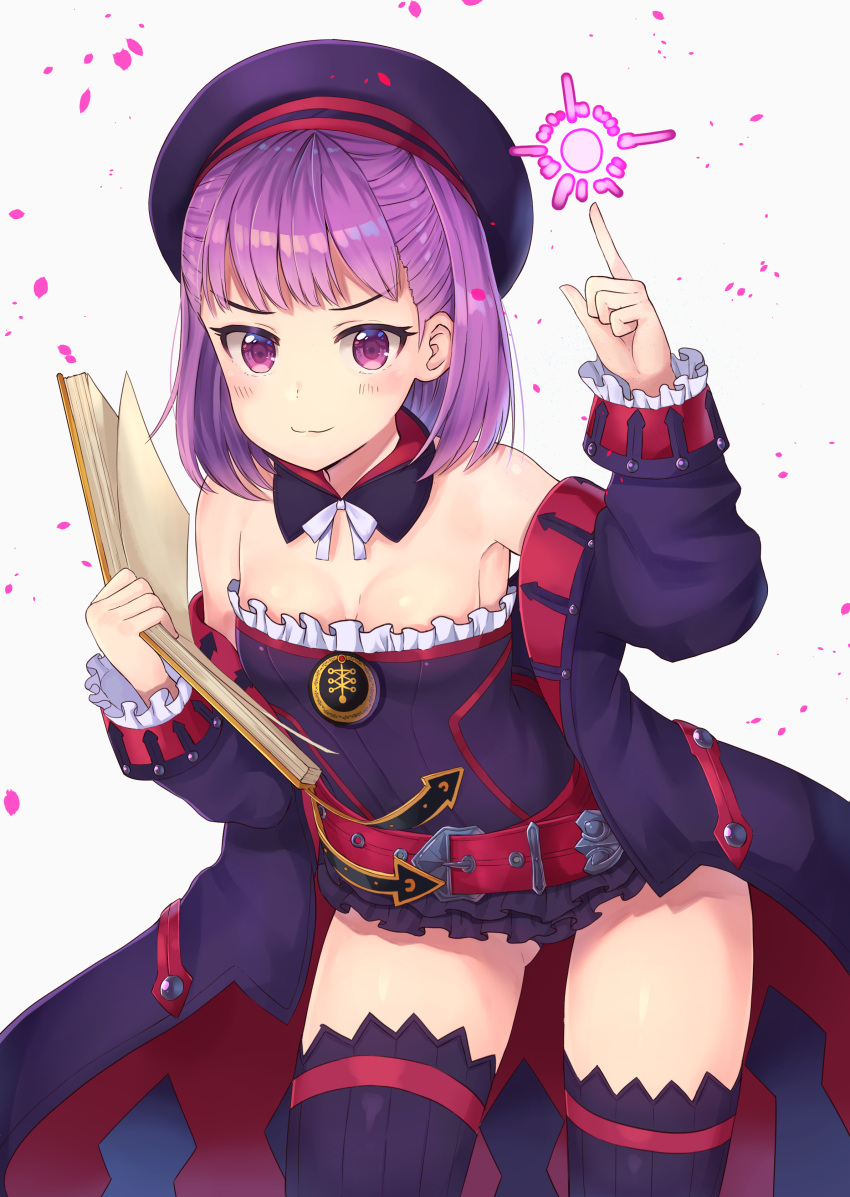 1girl :3 absurdres bangs bare_shoulders belt blush book breasts closed_mouth coat detached_collar fate/grand_order fate_(series) helena_blavatsky_(fate/grand_order) highres holding holding_book index_finger_raised leaning_forward looking_at_viewer miniskirt open_clothes open_coat purple_hair rangen ribbed_legwear short_hair simple_background skirt small_breasts smile solo thigh-highs thighs violet_eyes white_background