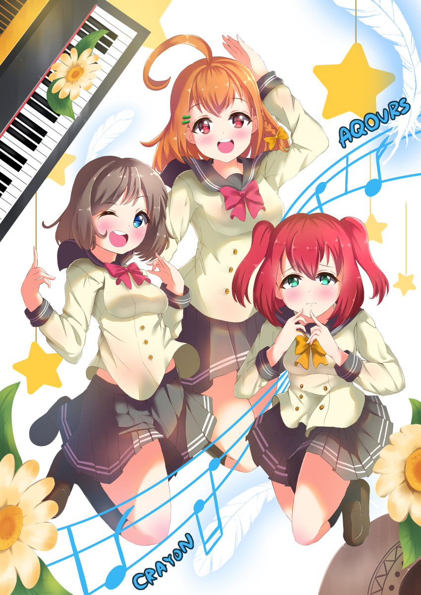 3girls absurdres ahoge black_skirt blue_eyes blush breasts brown_hair closed_mouth cyaron_(love_live!) eyebrows_visible_through_hair green_eyes highres holmemee kurosawa_ruby large_breasts looking_at_viewer love_live! love_live!_sunshine!! multiple_girls musical_note one_eye_closed open_mouth orange_hair red_eyes redhead short_hair short_twintails skirt smile staff_(music) takami_chika twintails watanabe_you