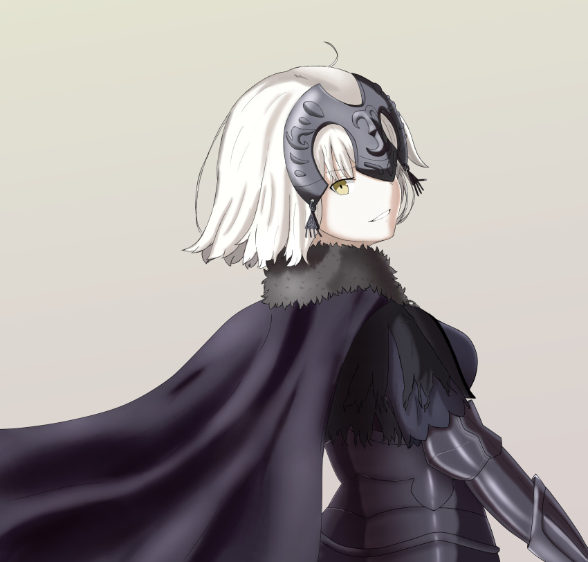 1girl absurdres amor black_cape cape fate/grand_order fate_(series) grey_background highres jeanne_alter looking_at_viewer looking_back parted_lips ruler_(fate/apocrypha) short_hair silver_hair simple_background smile solo upper_body yellow_eyes