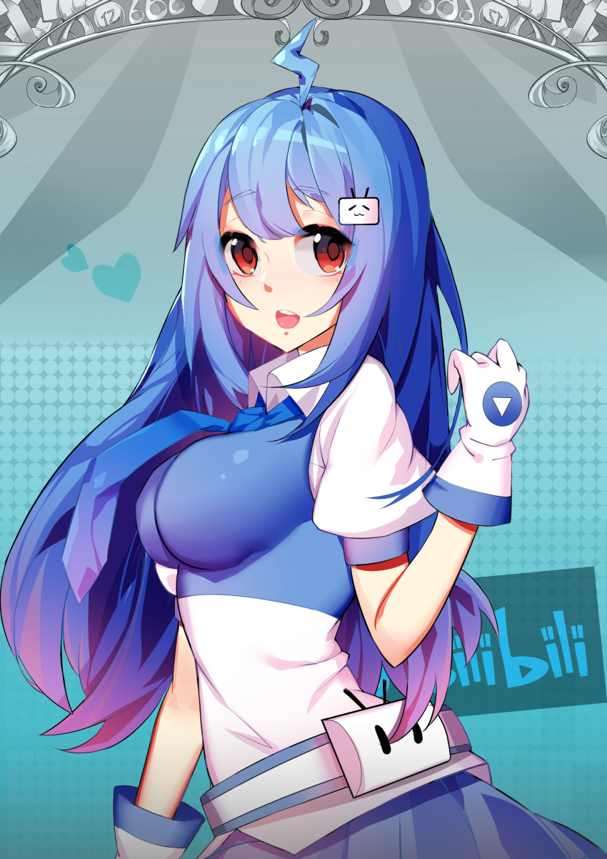 1girl 98ysx absurdres ahoge bili_girl_22 bilibili_douga blue_hair blue_necktie blue_skirt blush breasts copyright_name eyebrows_visible_through_hair gloves highres large_breasts looking_at_viewer necktie open_mouth red_eyes skirt smile solo upper_body white_gloves