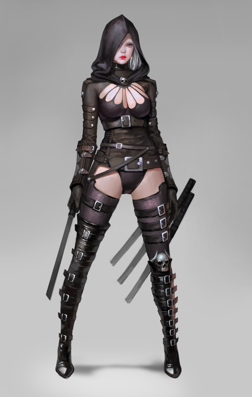 1girl absurdres arms_at_sides black_boots black_panties blue_eyes boots breasts closed_mouth full_body grey_background highres holding holding_sword holding_weapon hood j._won_han lips long_hair looking_at_viewer medium_breasts original panties red_lips silver_hair simple_background skull solo standing sword thigh-highs thigh_boots thigh_strap underwear weapon