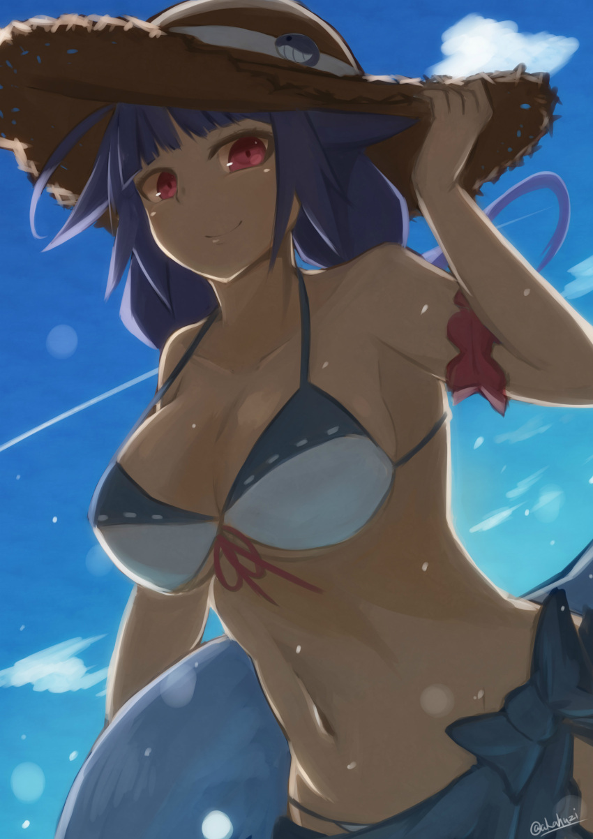 1girl absurdres akahuzi artist_name blue_hair blush breasts cleavage closed_mouth hat highres kantai_collection large_breasts long_hair looking_at_viewer navel red_eyes smile solo sun_hat swimsuit taigei_(kantai_collection) twitter_username