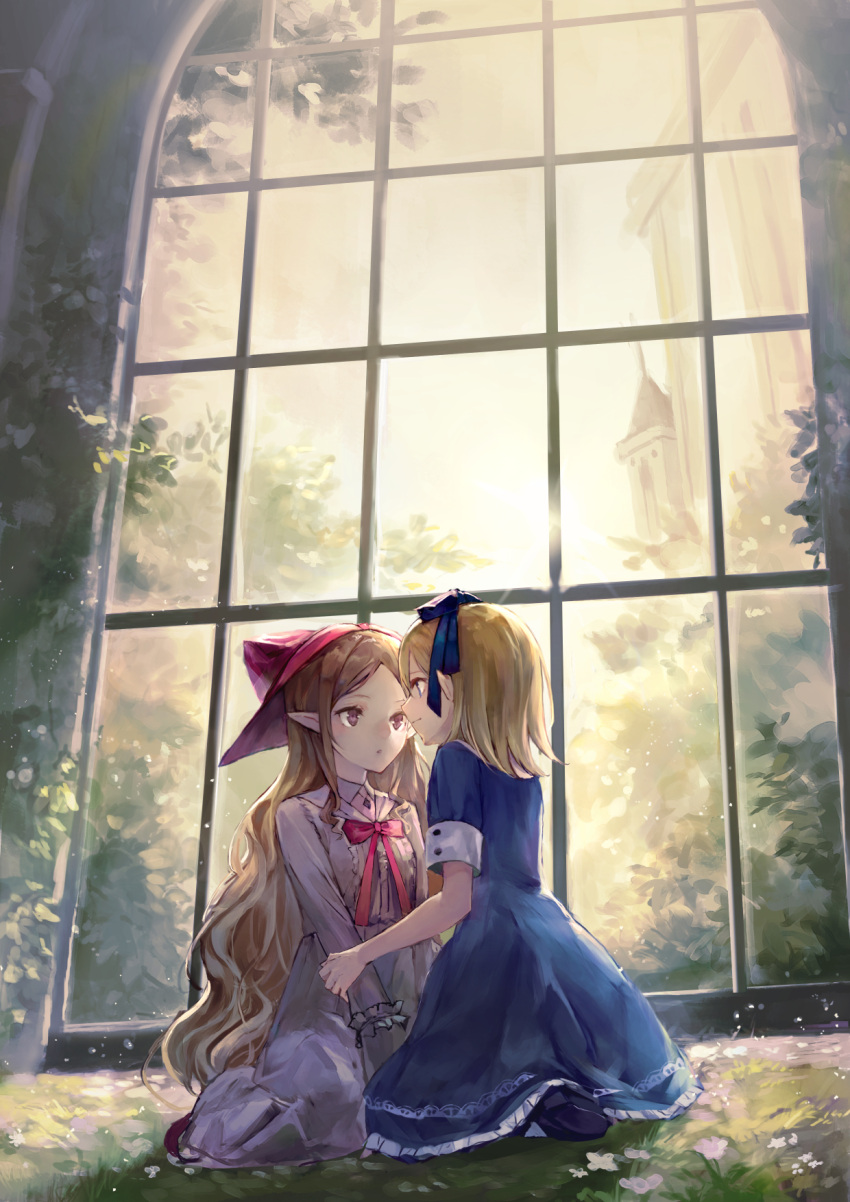 2girls :o arm_grab bangs black_shoes blonde_hair blue_bow blue_dress blue_eyes bow closed_mouth collared_shirt dress eye_contact flower frilled_dress frilled_shirt frills hair_between_eyes hair_bow hat highres indoors kobutakurassyu light_smile long_hair long_sleeves looking_at_another multiple_girls on_grass original parted_bangs parted_lips pointy_ears profile red_hat red_ribbon ribbon shirt shoes short_sleeves sitting skirt skirt_set sky sun sunlight sunset tower very_long_hair violet_eyes white_shirt white_skirt window
