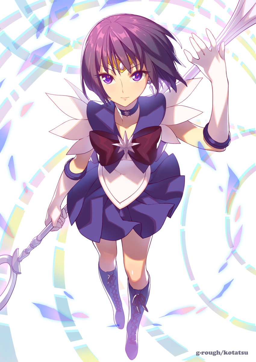 1girl abstract_background bishoujo_senshi_sailor_moon boots bow brooch circlet cross-laced_footwear earrings elbow_gloves expressionless full_body gloves highres holding holding_spear holding_weapon jewelry knee_boots kotatsu_(g-rough) lace-up_boots looking_at_viewer multicolored multicolored_background pleated_skirt polearm purple_boots purple_bow purple_choker purple_hair purple_sailor_collar purple_skirt sailor_saturn short_hair silence_glaive skirt solo spear standing star_choker tomoe_hotaru violet_eyes weapon white_gloves