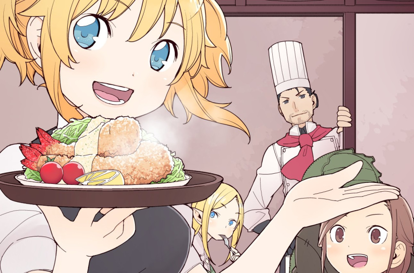 2boys 3girls :d aletta black_eyes blue_eyes brown_eyes buttons character_request chef chef_hat chef_uniform cup dish dot_nose double-breasted eating elf facial_hair food fork fruit hand_on_hip hand_up hat holding holding_fork holding_tray indoors isekai_shokudou kugatsu_takaaki lemon lemon_slice looking_at_another looking_at_viewer looking_up multiple_boys multiple_girls open_hand open_mouth pointy_ears ponytail puffy_sleeves round_teeth sarah_gold scarf short_sleeves shrimp shrimp_tempura smile tareme teeth tempura tenshu tomato tongue tray tsurime upper_body upper_teeth waitress work_in_progress