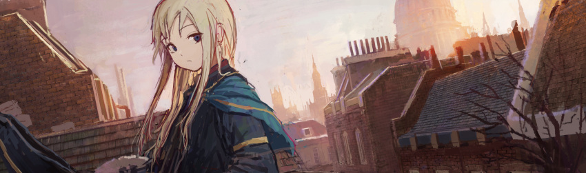 1girl absurdres alternate_costume blonde_hair blue_eyes blue_jacket brick_wall building capelet chimney cityscape highres jacket kantai_collection location_request long_hair looking_back rooftop rotunda shion_(mirudakemann) sky solo spire tree tree_branch u-511_(kantai_collection) winter
