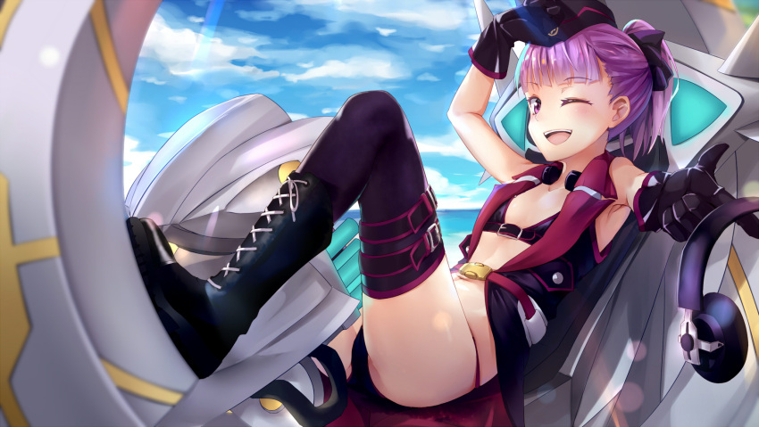 1girl arm_up bangs belt bikini black_bikini black_gloves blue_sky boots clouds cloudy_sky cross-laced_footwear day eyebrows_visible_through_hair fate/grand_order fate_(series) gloves headphones helena_blavatsky_(fate/grand_order) helena_blavatsky_(swimsuit_archer)_(fate) highres knee_boots looking_at_viewer lying migimura_sakimori on_back one_eye_closed open_mouth outdoors pointing pointing_at_viewer ponytail purple_hair purple_legwear sky smile solo swimsuit thigh-highs violet_eyes