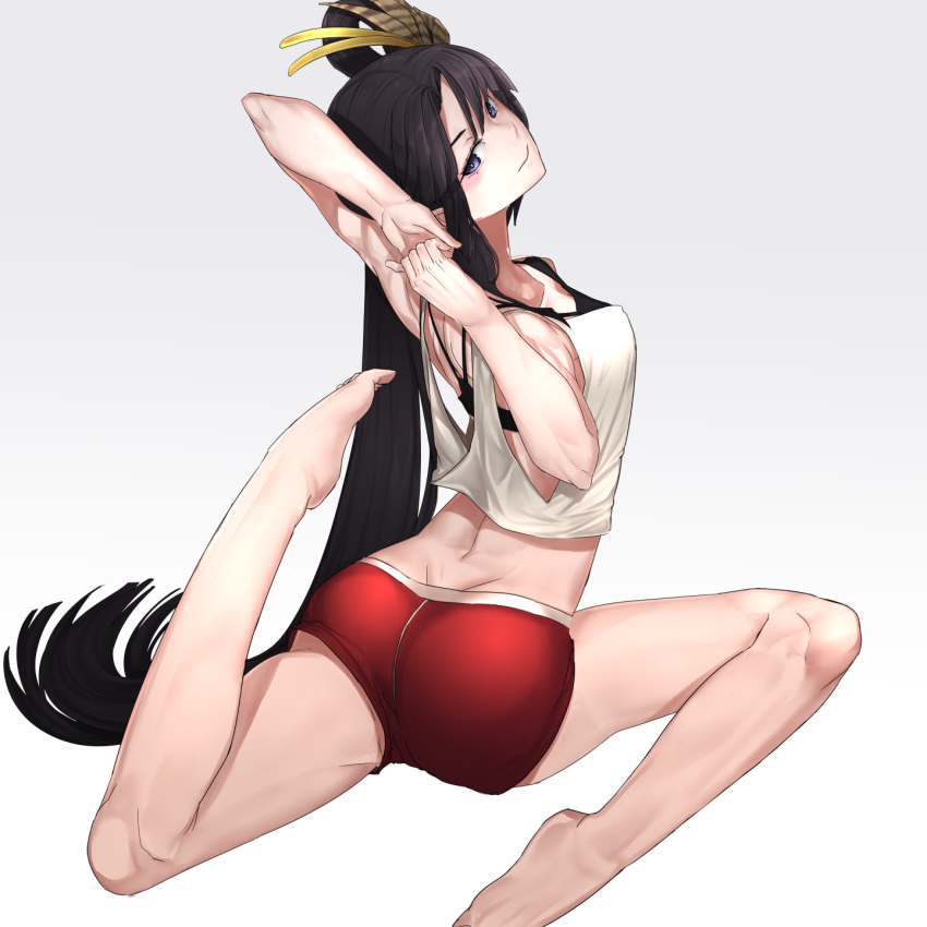 1girl 3: ass bad_anatomy bangs black_hair blush breasts closed_mouth commentary dimples_of_venus erect_nipples fate/grand_order fate_(series) grey_background hair_ornament hair_rings highres i-pan long_hair looking_back medium_breasts plantar_flexion short_shorts shorts simple_background solo sports_bra stretch tank_top thighs tsurime ushiwakamaru_(fate/grand_order) very_long_hair violet_eyes