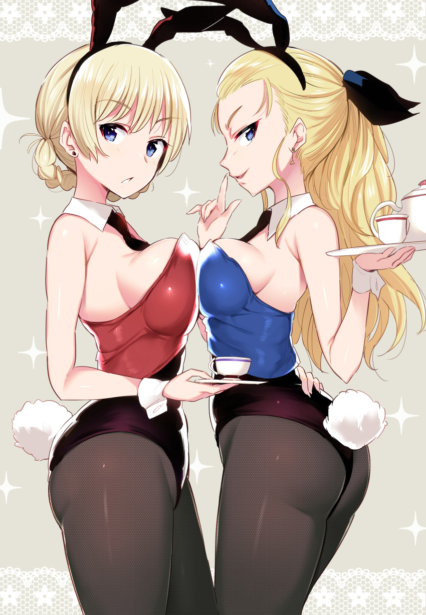 2girls absurdres animal_ears ass assam braid breast_press breasts brown_legwear bunny_tail bunnysuit darjeeling detached_collar earrings enty_reward eyebrows eyebrows_visible_through_hair fake_animal_ears finger_to_mouth fishnet_pantyhose fishnets girls_und_panzer hair_ribbon highres holding huge_filesize jewelry large_breasts long_hair looking_at_viewer medium_breasts multiple_girls noripachi pantyhose profile rabbit_ears ribbon sideboob sparkle symmetrical_docking tail tea translation_request tray wide_ponytail wrist_cuffs