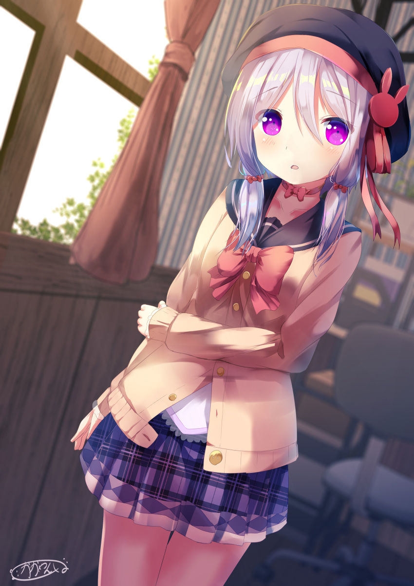 1girl absurdres alternate_costume commentary_request curtains highres indoors kagayannu long_sleeves looking_at_viewer low_twintails miniskirt plaid plaid_skirt purple_hair school_uniform short_hair_with_long_locks skirt solo twintails violet_eyes voiceroid window yuzuki_yukari