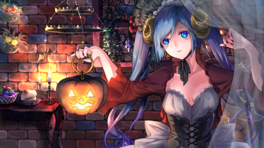 1girl black_nails black_ribbon blue_eyes blue_hair breasts cleavage dress grey_dress halloween halloween_costume hatsune_miku headdress horns indoors kyashii_(a3yu9mi) long_hair medium_breasts nail_polish pumpkin ribbon sleeveless sleeveless_dress solo strapless strapless_dress twintails upper_body very_long_hair vocaloid