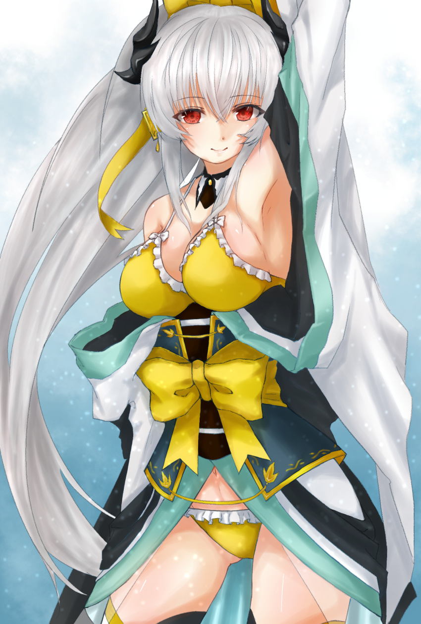 1girl artist_request bare_shoulders breasts commentary_request fate/grand_order fate_(series) hair_between_eyes highres horns japanese_clothes kiyohime_(fate/grand_order) large_breasts long_hair looking_at_viewer multiple_horns navel red_eyes silver_hair solo