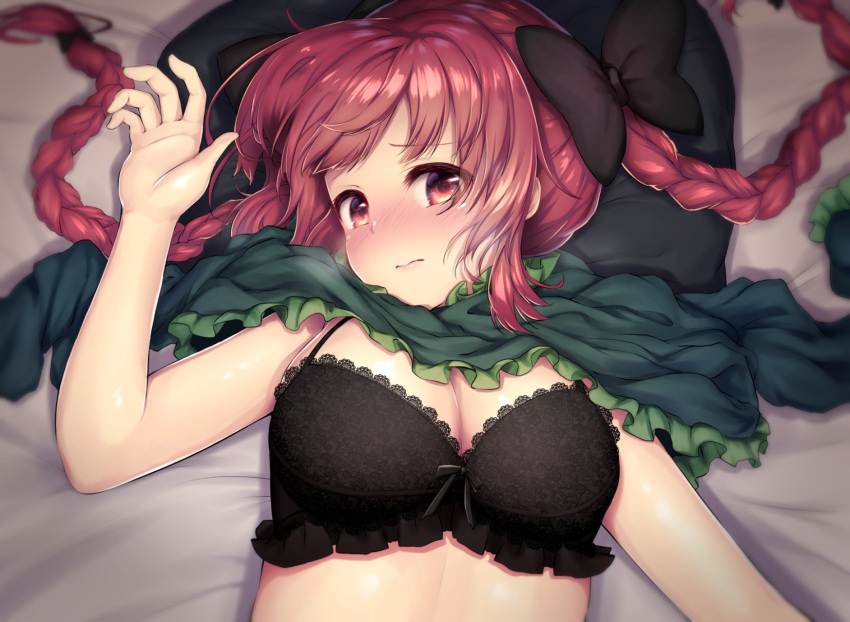 1girl bare_arms bed_sheet black_bow black_bra blurry blush bow bra braid breasts cleavage commentary_request depth_of_field dress dress_lift green_dress hair_bow highres kaenbyou_rin lace lace-trimmed_bra large_breasts long_hair looking_at_viewer lying on_back red_eyes redhead shiny shiny_hair solo tareme topia touhou twin_braids underwear upper_body