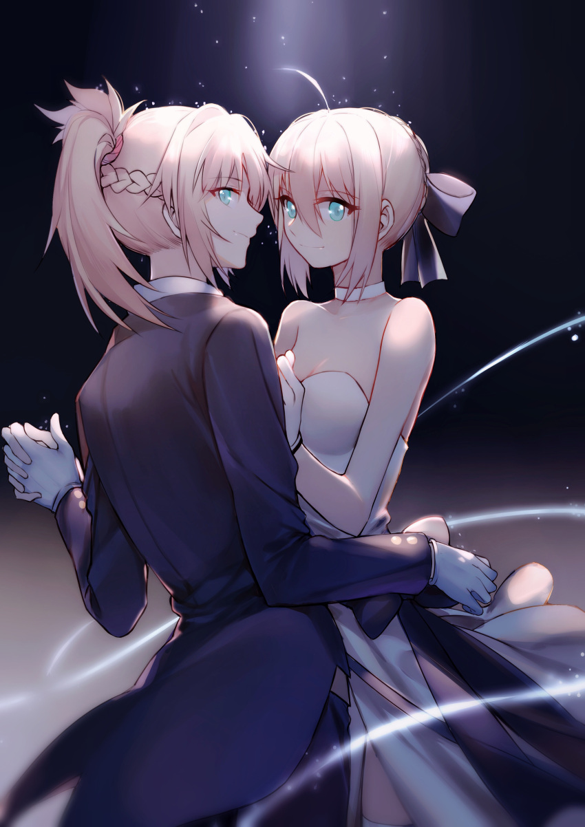 2girls absurdres artoria_pendragon_(all) bangs bare_shoulders black_gloves blue_eyes closed_mouth dancing dress eyebrows_visible_through_hair fate/apocrypha fate/stay_night fate_(series) gloves hair_between_eyes hand_holding highres interlocked_fingers looking_at_viewer looking_back multiple_girls open-back_dress parted_bangs saber saber_of_red sidelocks smile tuxedo white_dress yorukun