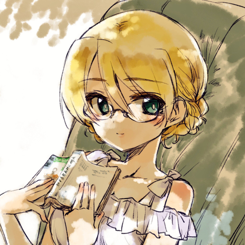 bangs bespectacled blonde_hair blouse blue_eyes book braid casual chair closed_mouth commentary dappled_sunlight darjeeling eyebrows_visible_through_hair eyes_visible_through_hair girls_und_panzer glasses highres holding kuroi_mimei light_smile looking_at_viewer portrait short_hair sitting sunlight tied_hair twin_braids white_blouse